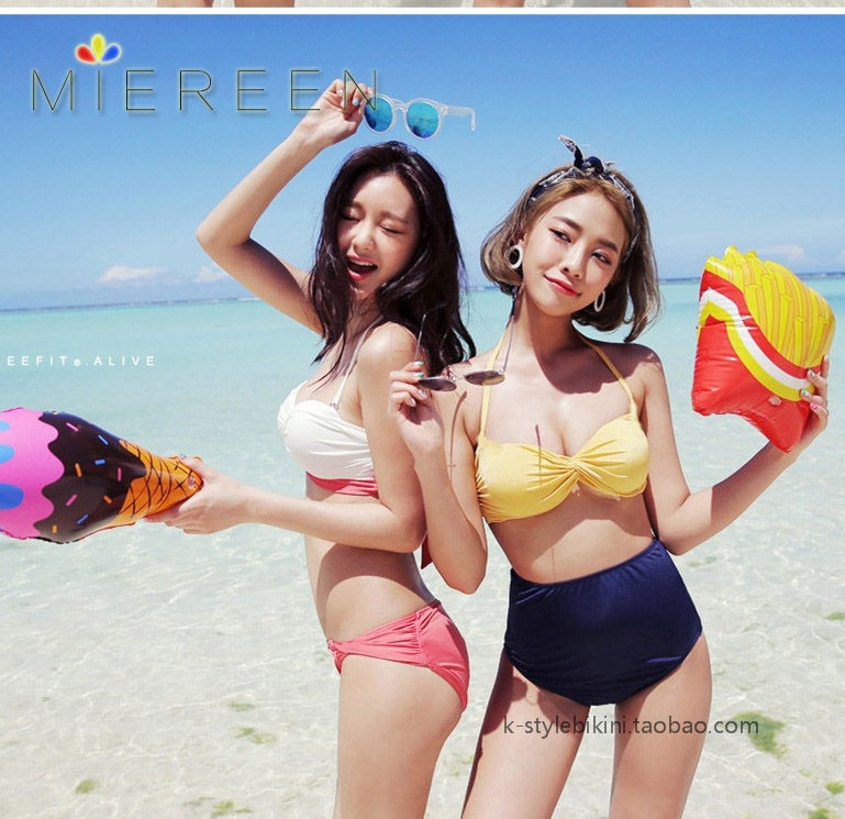 韩国新款黄色分体高腰遮肚比基尼大胸小胸钢托聚拢性感温泉泳衣女