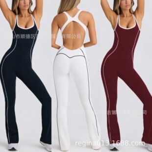 欧美瑜伽连体服女美背露背拼色裸感运动健身连身喇叭裤 带胸垫