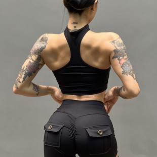 带胸垫有防滑条 欧美跨境健身瑜伽文胸内衣背心女性感挂脖抹胸短款