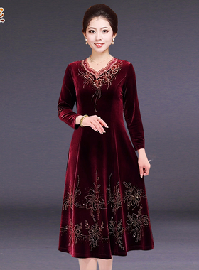 高端中年女装连衣裙中长款大码显瘦刺绣A字裙婚宴妈妈装金丝绒裙