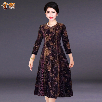 中老年女装金丝绒印花连衣裙高贵