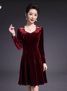 中年女装连衣裙春秋装长袖大码女修身显瘦中老年婚礼妈妈装金丝绒