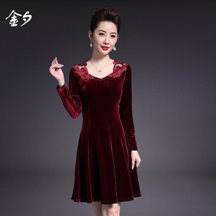 中年女装连衣裙春秋装长袖大码女修身显瘦中老年婚礼妈妈装金丝绒