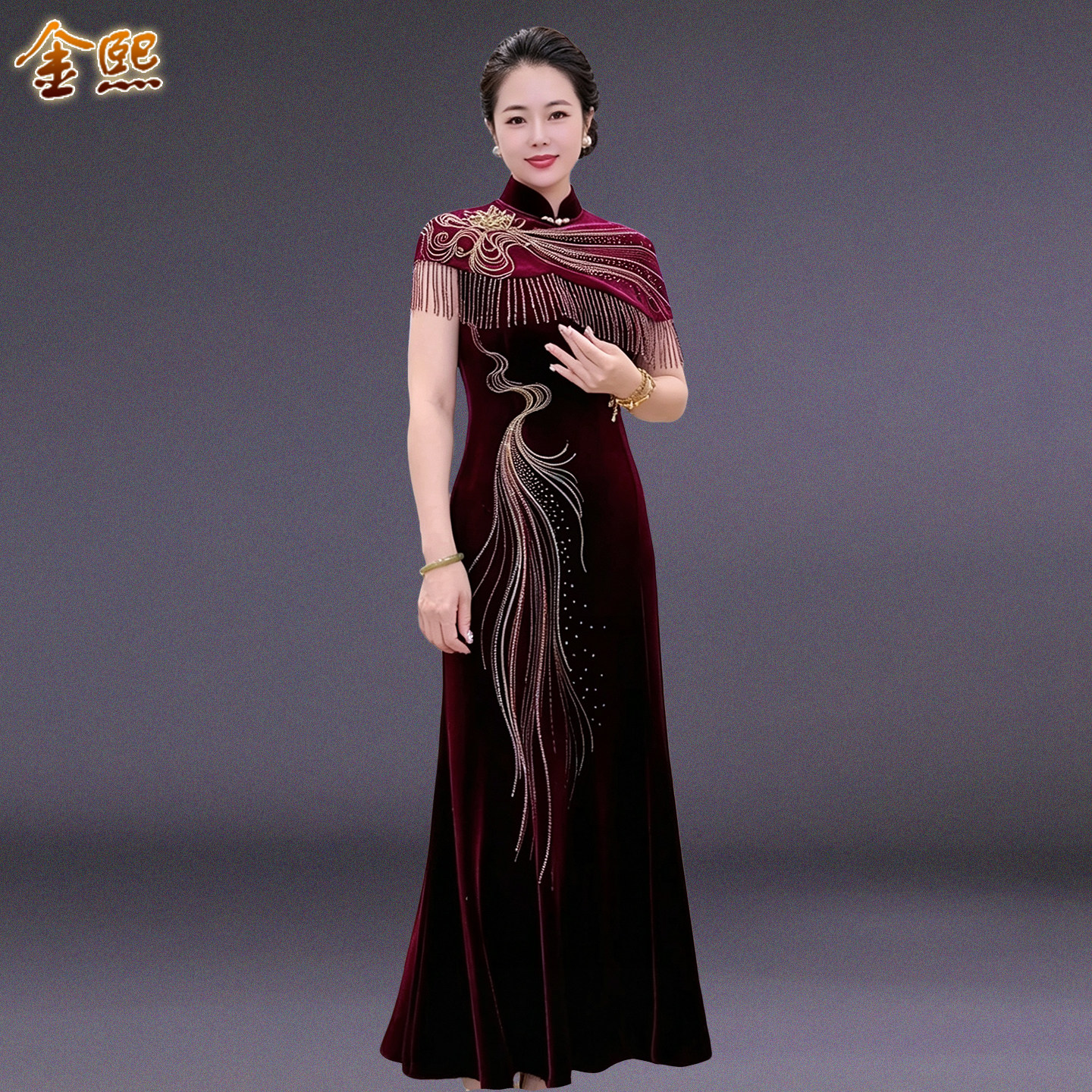 复古风改良旗袍鱼尾婚宴礼服长裙