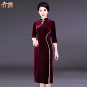 洋气喜婆婆婚礼服 金丝绒连衣裙大码 高端妈妈装 旗袍日常中年女大码