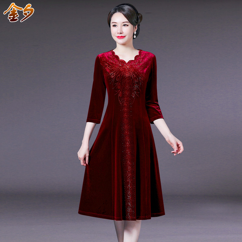 妈妈装金丝绒镶钻连衣裙婚礼服