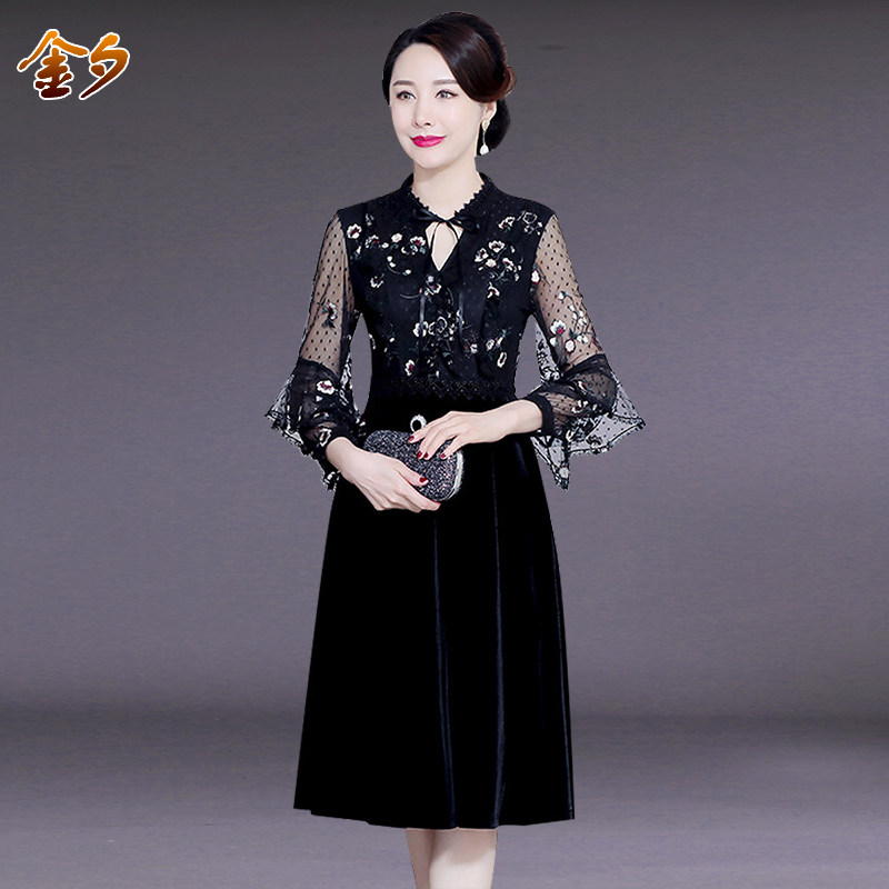 春秋新款洋气妈妈装镂空长袖中年女装连衣裙大码绣花中长款显瘦