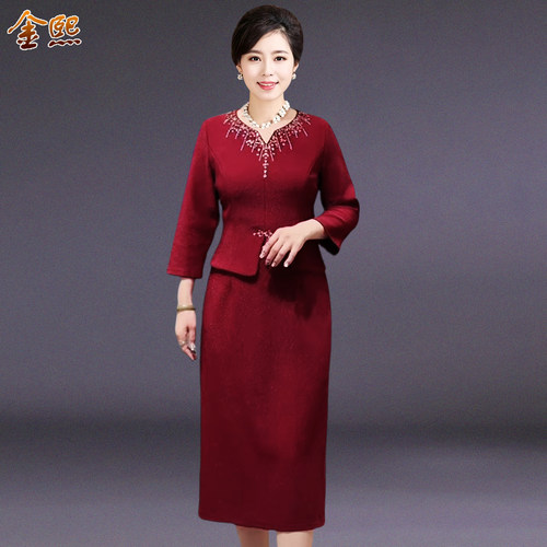 红色假两件显瘦妈妈装礼服连衣裙