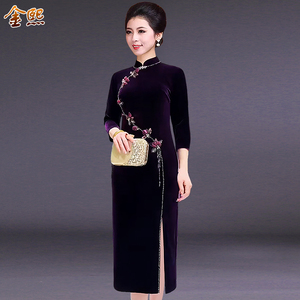 高贵婚宴礼服妈妈装旗袍中年女连衣裙中长款大码显瘦喜婆婆金丝绒