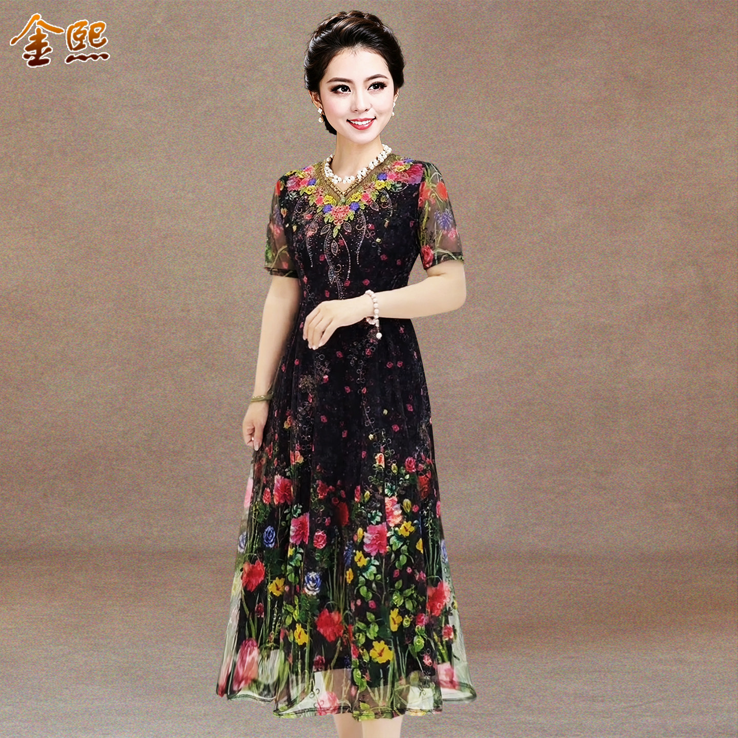 夏季中年妈妈大码显瘦碎花连衣裙