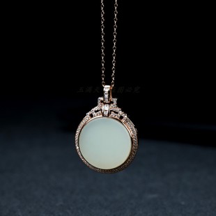 天然和田玉白玉925银圆牌吊坠女款镶嵌简约大气项链玉石锁骨链