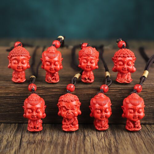 天然原矿红朱砂八大守护神吊坠