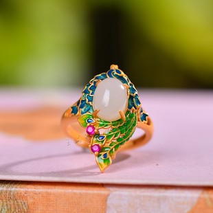 天然和田玉白玉925银孔雀开屏戒指女款时尚个性指环玉石开口戒子