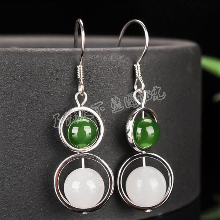 天然和田玉碧玉圆珠耳环925纯银耳钉白玉耳坠复古简约气质玉耳饰