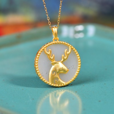 吊坠天然和田玉925银鹿项链玉石