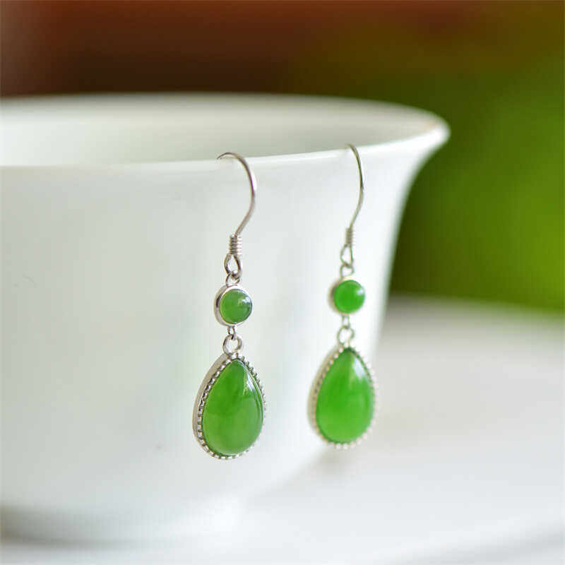 新疆天然和田玉碧玉耳坠925银镶嵌玉石水滴耳环耳饰耳钩耳钉
