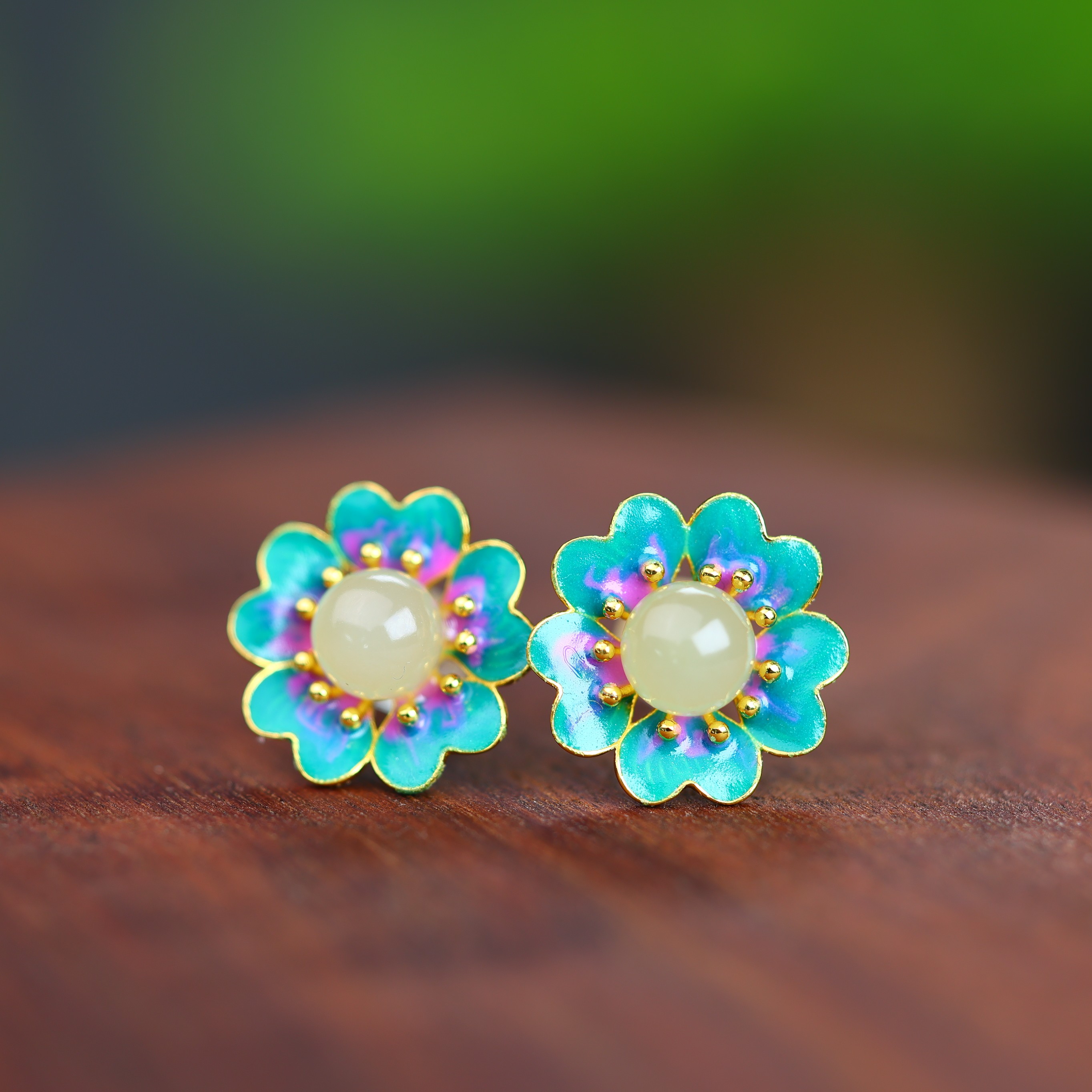 天然和田玉青白玉花朵珐琅樱花925银镶嵌耳钉耳环玉石耳石