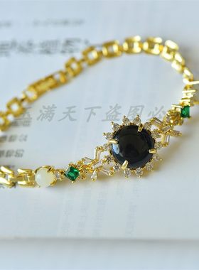 圆鼓面手链镶嵌和田玉青玉