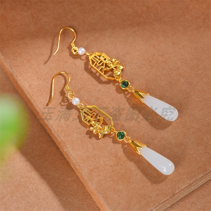 和田玉白玉玉兰花珍珠耳坠耳饰