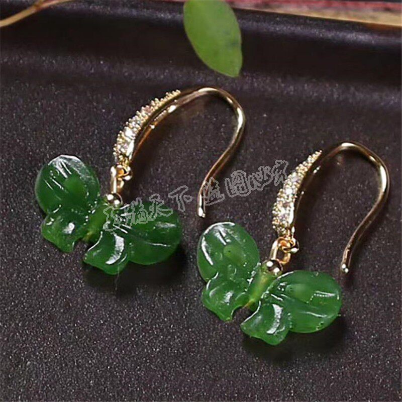天然和田玉碧玉蝴蝶耳环925银耳钉防过敏气质清新耳坠玉石耳勾