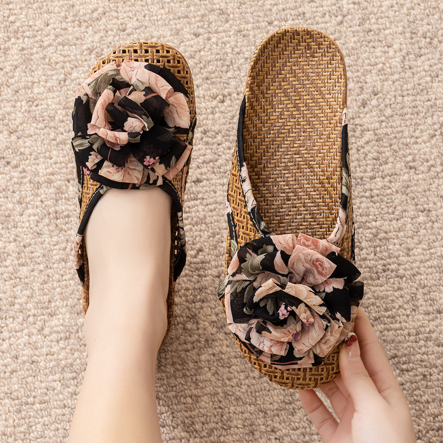 春夏季亚麻藤席草编情侣凉拖鞋男女家居室内包头半拖鞋雪纺花朵立