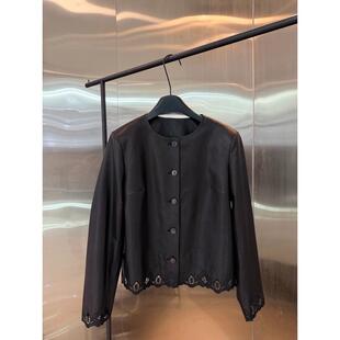 优雅气质刺绣工艺圆领廓形皮衣外套