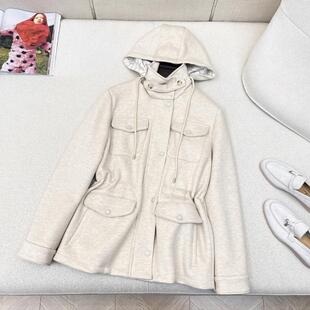 连帽工装 毛呢外套 外套女多口袋收腰显瘦中长款