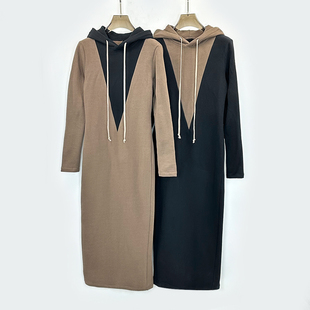 小众设计师款 连衣裙 V型拼接连帽卫衣连衣裙拼接连帽弹力运动长款