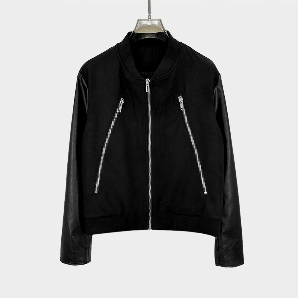 暗黑风格秋冬毛呢料拼接皮革加厚拉链设计感机车夹克拉链棒球外套