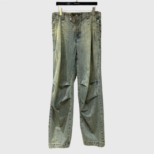 美式高街水洗高腰牛仔裤男设计水洗做旧感褶皱 直筒宽 松阔腿裤子