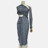 暗黑先锋设计不对称褶皱镂空柔软垂感雾霾蓝修身 连衣裙女新 中长款