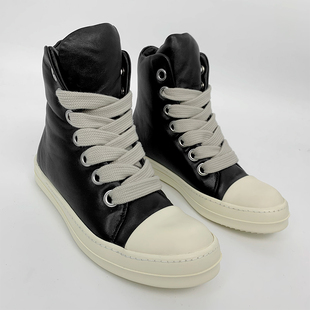 ro新款鞋子男真皮增高厚底真皮大孔粗宽鞋带高帮板鞋女四季短靴潮