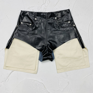 暗黑RO风网红款 超短涂层牛仔三角大口袋性感女士黑色高腰a字短裤