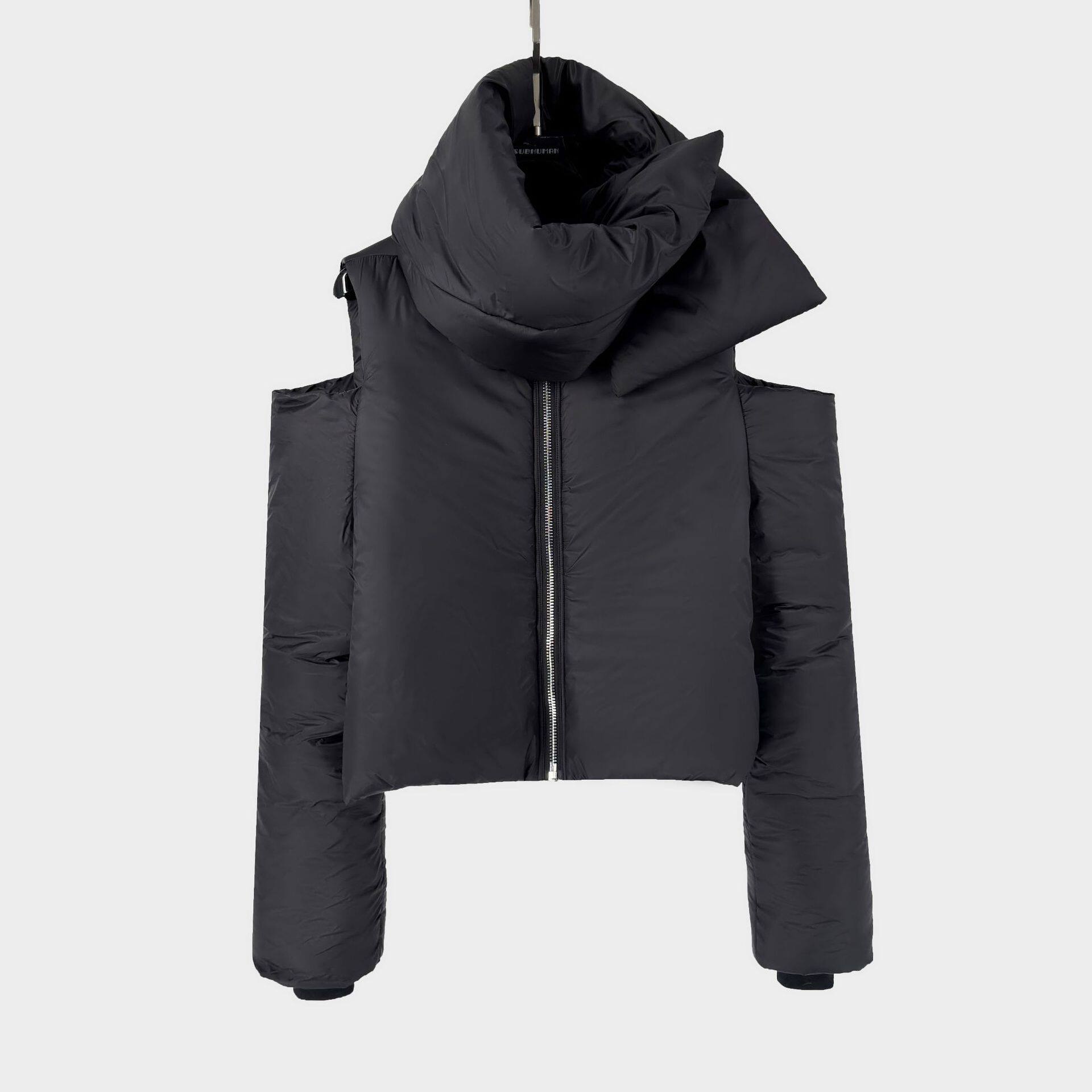 现货露肩棉服暗黑风秋冬新品设计感男黑色拉链露肩长袖棉服