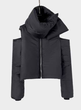 现货露肩棉服暗黑风秋冬新品设计感男黑色拉链露肩长袖棉服
