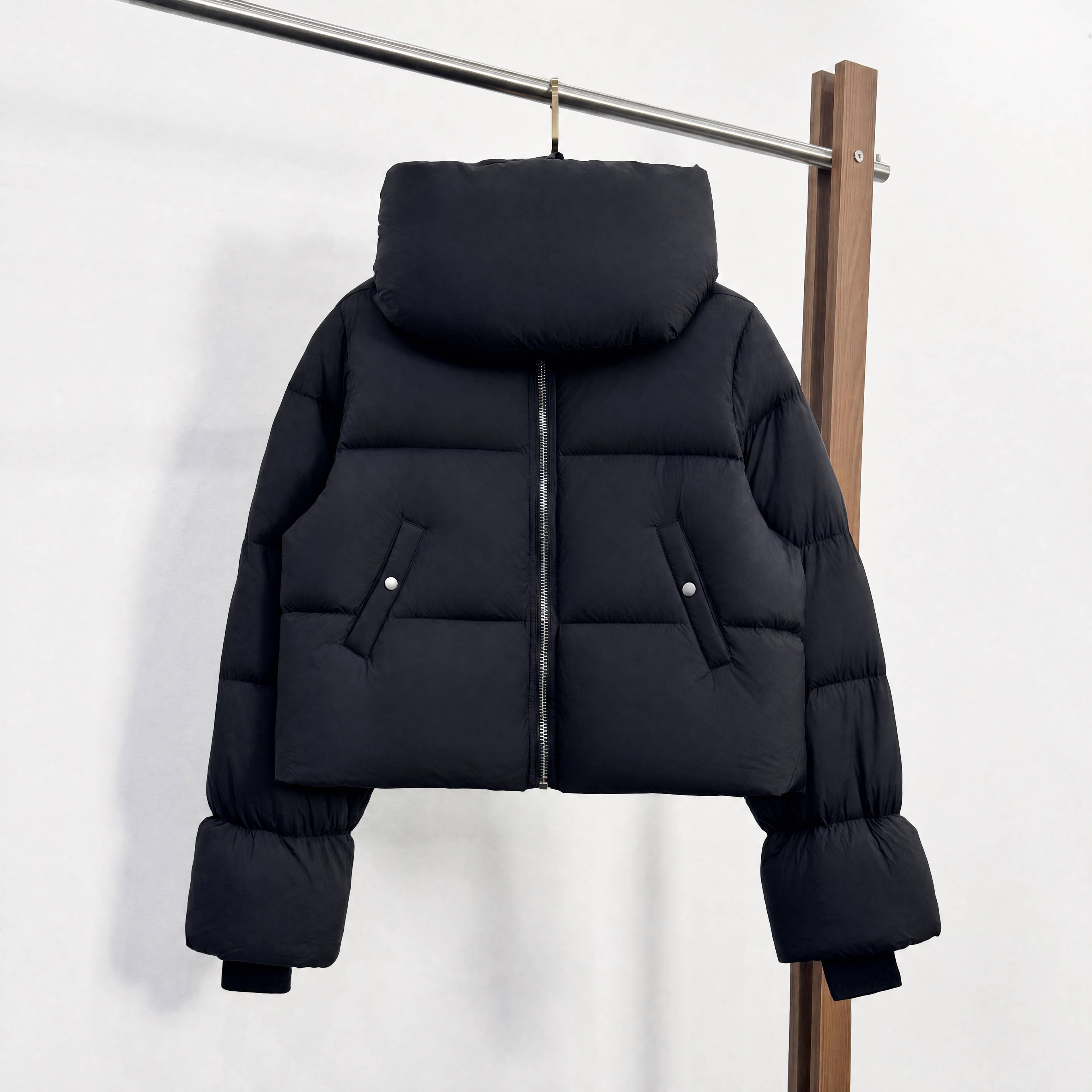 RO暗黑风秋冬白鹅羽绒加厚蓬松围脖插袋面包服短款外套