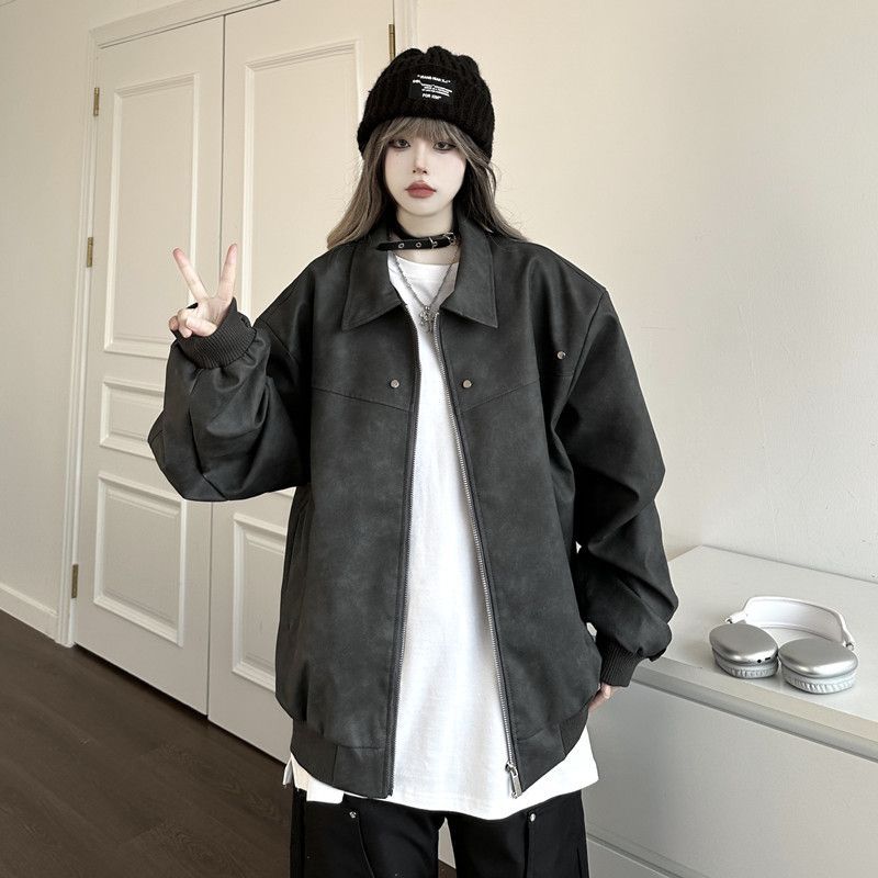 美式复古棕色翻领外套女
