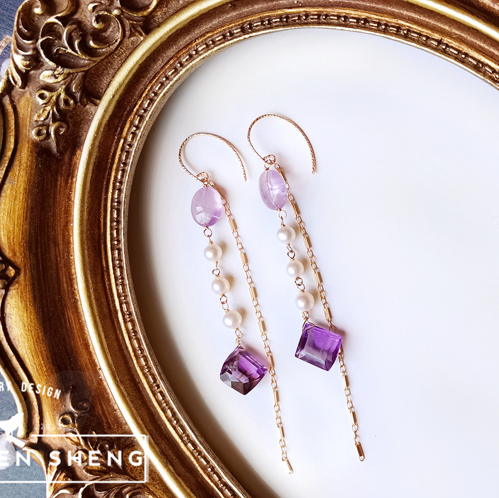 BISHENG 수제 천연 비대칭 자수정 담수 진주 라벤더 자수정 미국 14K 금 귀걸이