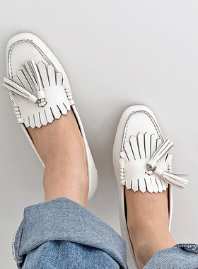 现水之心流苏真皮舒适软底一脚蹬乐福鞋豆豆单鞋奶奶鞋女首尔2025