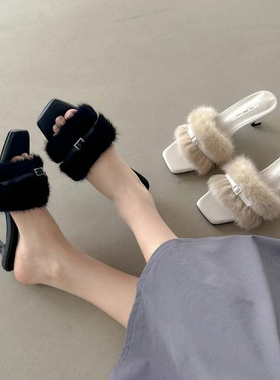 水之心优雅名媛风貂毛真皮细高跟拖鞋女外穿2025春秋新款淑女风