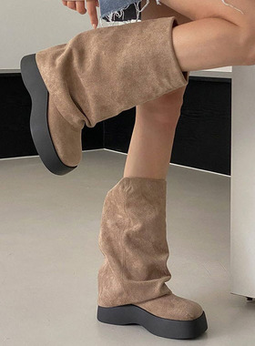 水之心复古温柔浪漫厚底增高松糕底中筒袜筒靴子女2025秋冬百搭