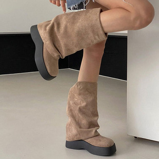 水之心复古温柔浪漫厚底增高松糕底中筒袜筒靴子女2025秋冬百搭