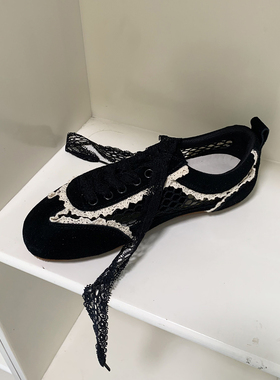 水之心复古蕾丝镂空网眼平底真皮反绒运动休闲德训鞋洞洞鞋凉鞋女