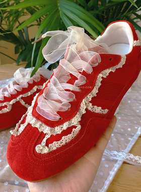 水之心温柔少女公主风真皮蕾丝边网纱缎面平底休闲德训鞋2025春夏