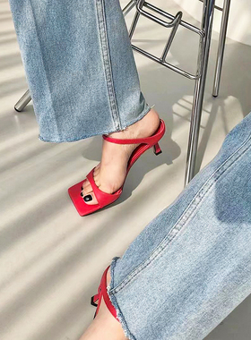 现货水之心chic金色简约方头露趾一字带细高跟凉拖鞋女2024夏纯色