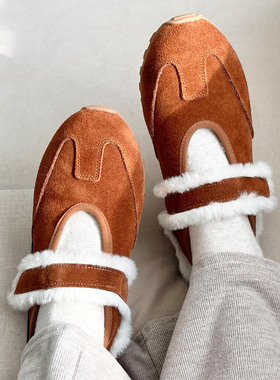 水之心复古魔术贴加绒真皮厚底保暖棉鞋一字带一脚蹬地板鞋2025冬