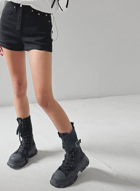 水之心复古经典皮带扣厚底增高帆布靴子机车靴女2025秋韩国东大门