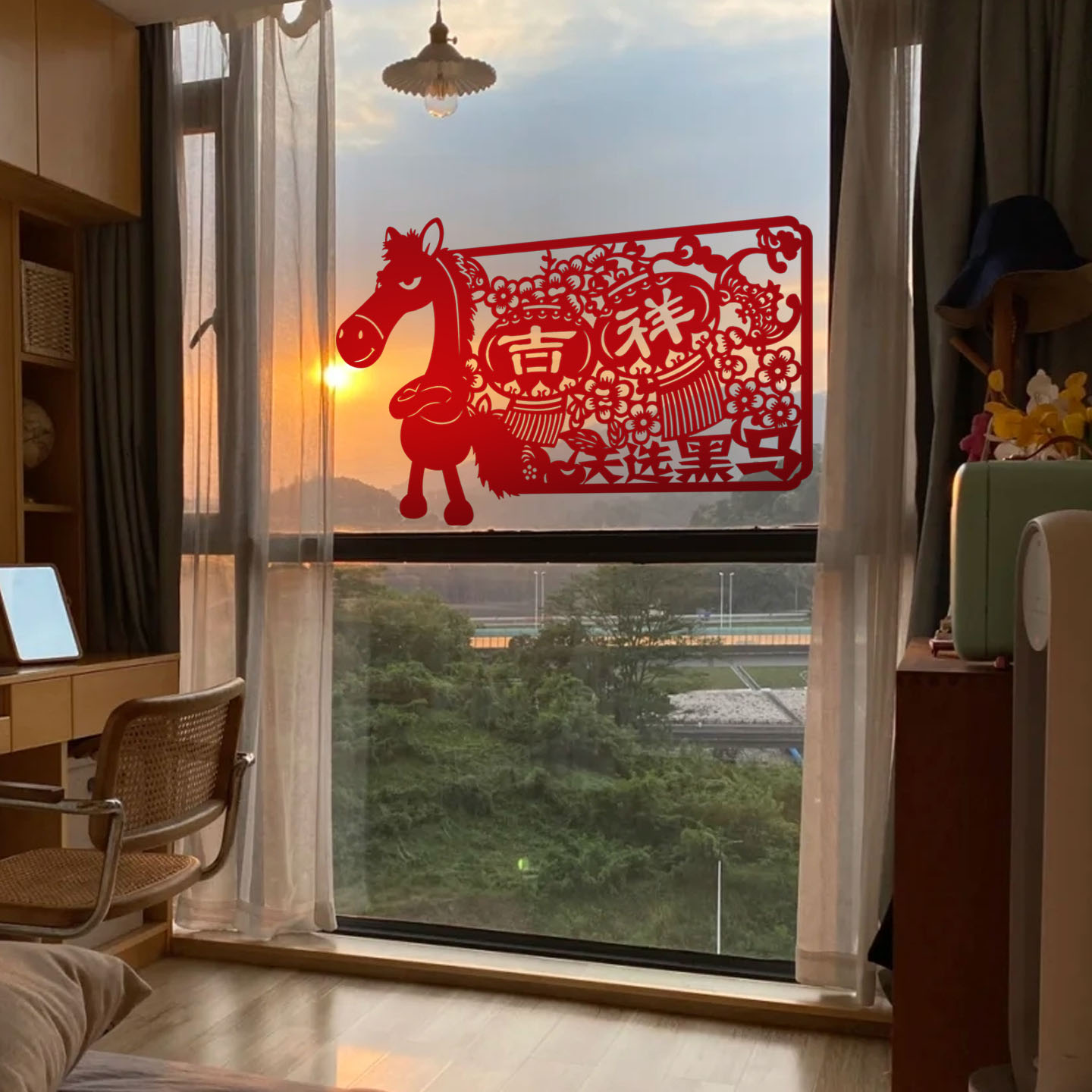 天选黑马锦上添花红色剪纸窗花马年吉祥图案传统装饰贴纸春节剪纸