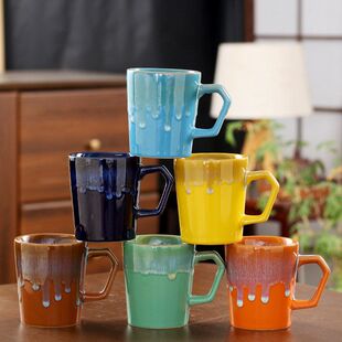 跨境专供陶瓷咖啡杯300ml窑变流釉马克杯水杯拿铁拉花杯