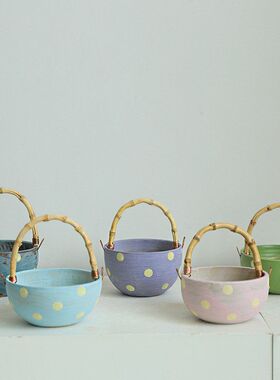 手作糖果色圆点竹提篮花盆小众个性室内绿植绿萝陶瓷种植花盆